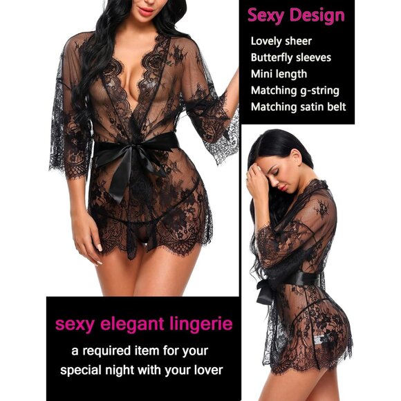 Luxurious Women's Lace Robe with Butterfly Sleeves - Plus Sizes Available - Picture 4 of 6